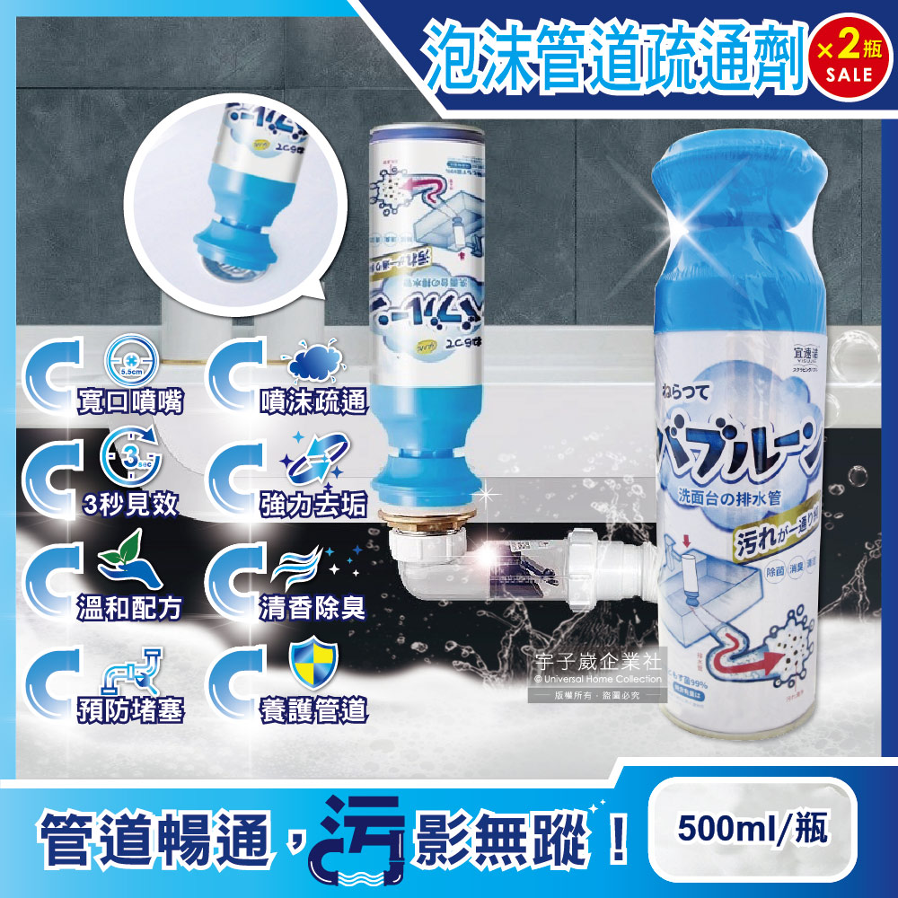 (2瓶超值組)日本Clean-寬口藍蓋瞬壓倒噴去垢除臭芳香洗手台排水管疏通泡沫清潔劑500ml/瓶✿70D033